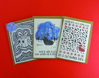 Christmas Card Pack - Set of 3 - Illustrated - Greetings - Quirky - Weird - Surreal - Funny - Colouring - Silly - Illustration - Birds - Fun