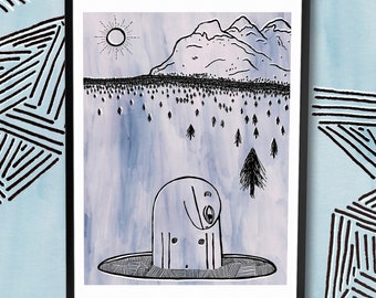 Out Here, Lonely HANDSIGNED A4/A3 Giclee Fine Art Print - Surreal Illustration - Weird - Strange - - Quirky - Low Brow - Mountain Scene