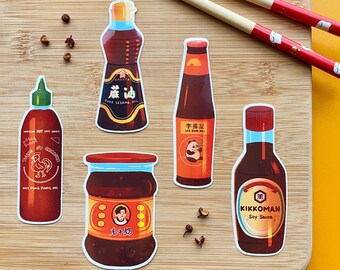 Aziatische sauzen vinylstickers | Lao Gan Ma Chili Crisp, Sriracha, Sojasaus, Sesamolie, Oestersaus
