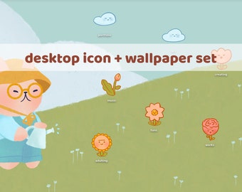 Gardening Bunny Desktop Icon & Wallpaper Set (Digital Download)
