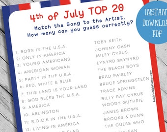 4th of July Top 20 American Music Trivia | USA Independence Day Printable Quiz | Fourth of July Party Game | US Patriotic Songs and Tunes