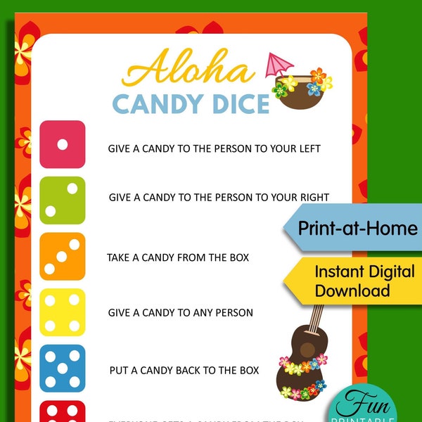 Hawaii Theme Candy Dice Game Printable, Luau Hawaiian Birthday Party Activity, Kids Party Activities Printable, Luau Party Game, Aloha Party