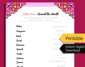 Valentine's Day Game Printable, Language Matching Game, I love You in other languages, Valentines Party Game with Answer, Virtual Valentines