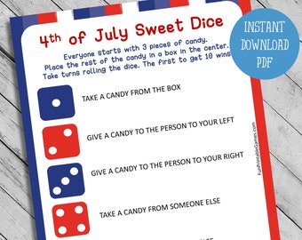 4th of July Sweet Dice Game | July 4th Candy Dice Game | USA Independence Day Printable Game for Kids | Fourth of July Party Game