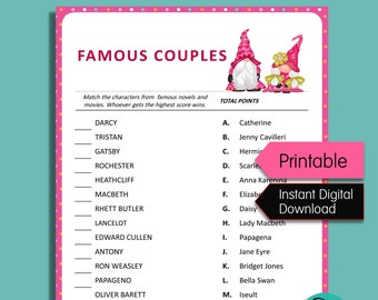 Valentine's Day Couples Matching Game Printable, Valentines Party Game with Answers, Virtual Valentines Day Games, Adult Party Games,