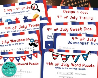 4th of July Games, USA Independence Day Printable Party Game Pack, 20 Fourth of July Trivia Games Puzzles Coloring Pages for Kids and Adults