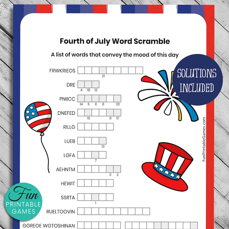 4th of July Word Scramble Puzzle USA Independence Day Printable Game for Kids & Adults Fourth of 