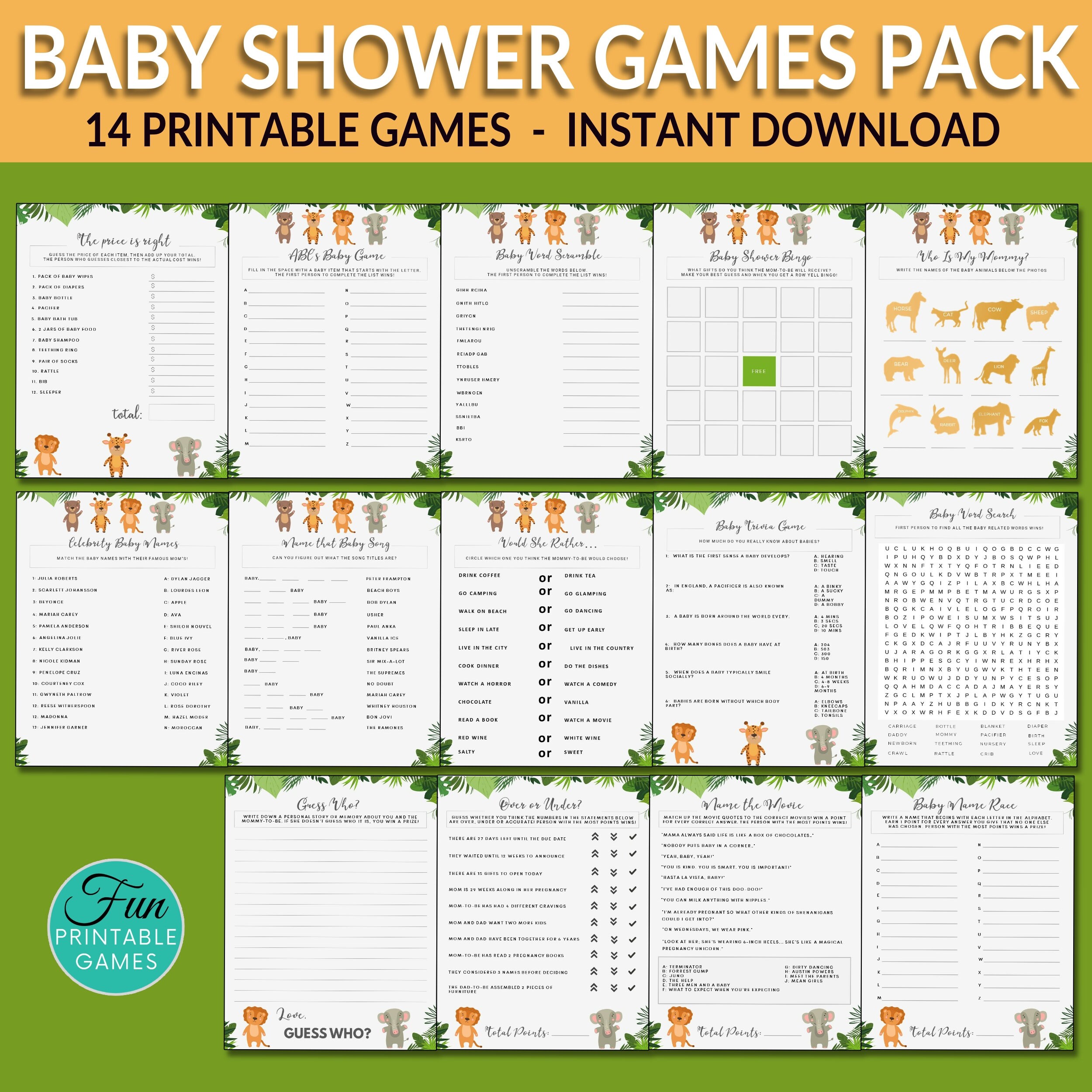 Juegos de baby Shower Safari Animales 14 juegos de ducha de | Etsy