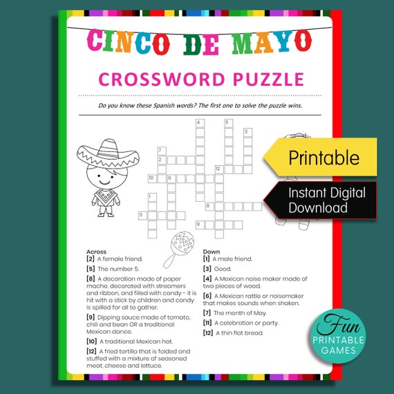 Cinco De Mayo Crossword Puzzle Printable Cinco De Mayo Game Etsy