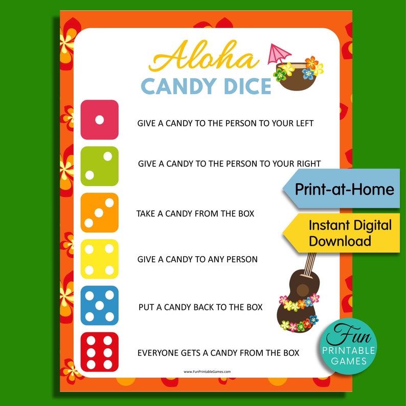 Hawaii Theme Candy Dice Game Printable, Luau Hawaiian Birthday Party