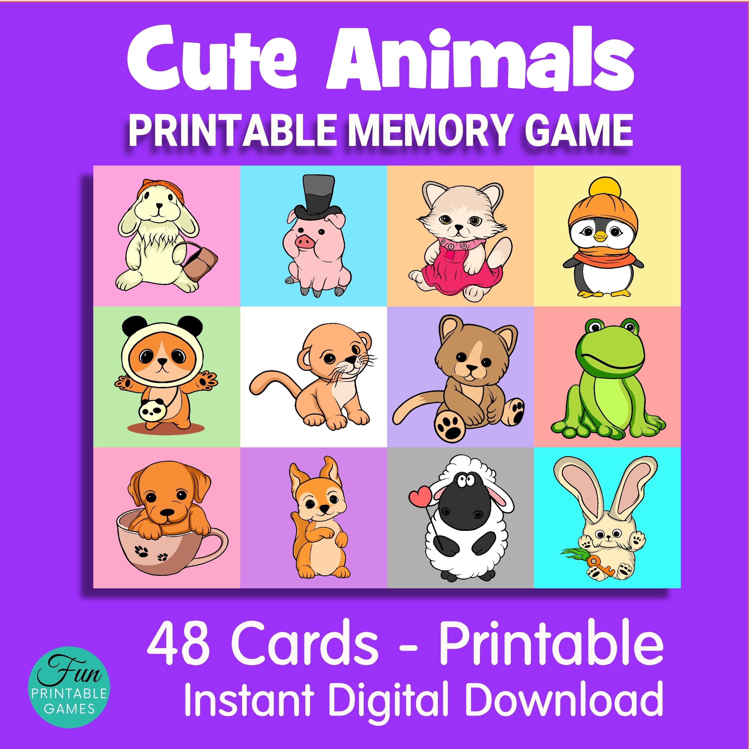 Cute Animals Memory Cards Game Printable Memory Matching Game Etsy