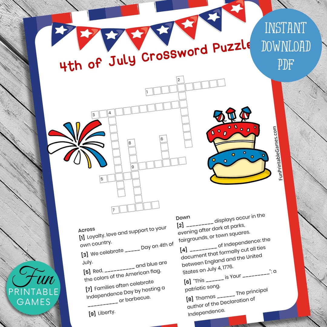 4th of July Crossword Puzzle USA Independence Day Printable Game for Kids & Adults Fourth of 