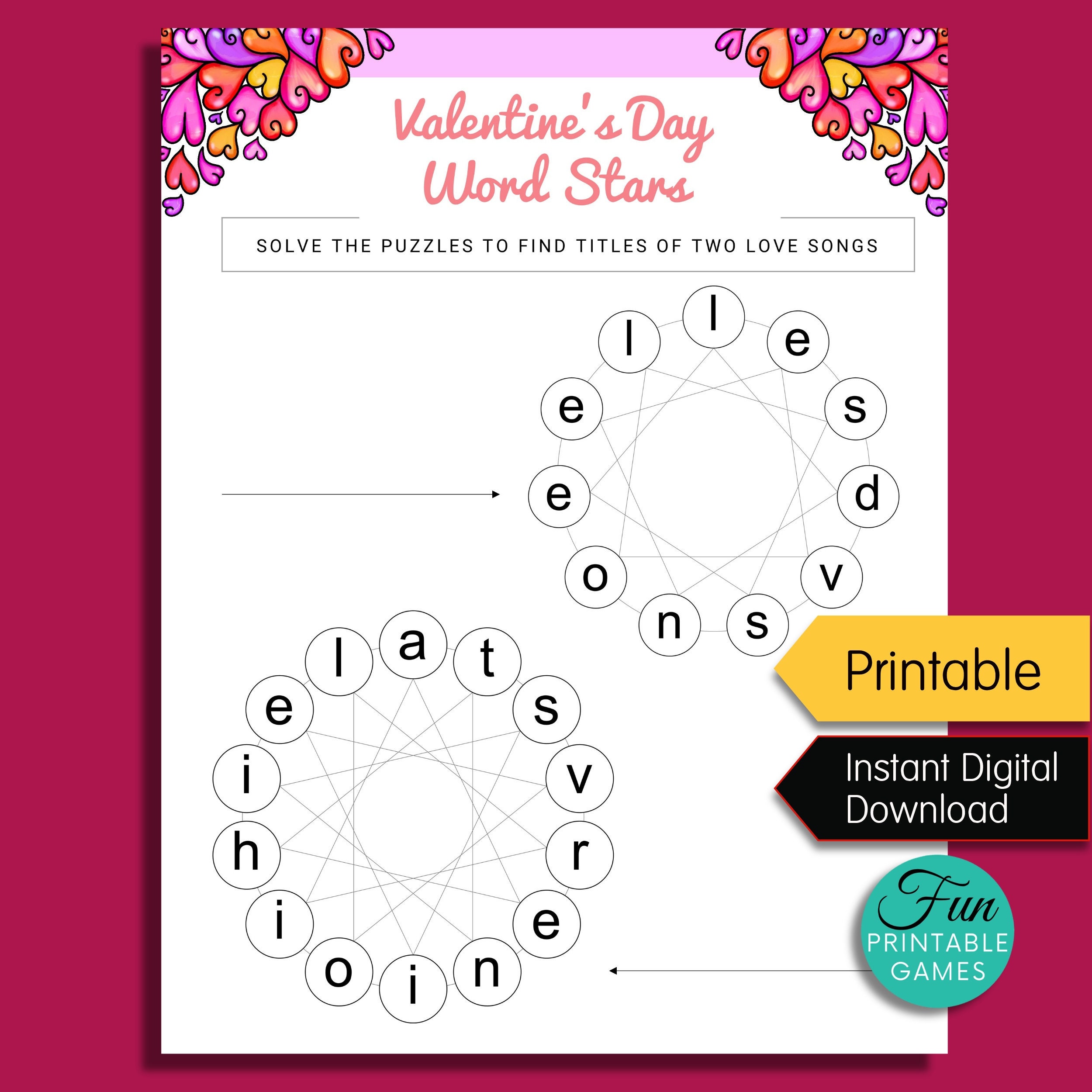 valentine s day word star puzzle game printable etsy