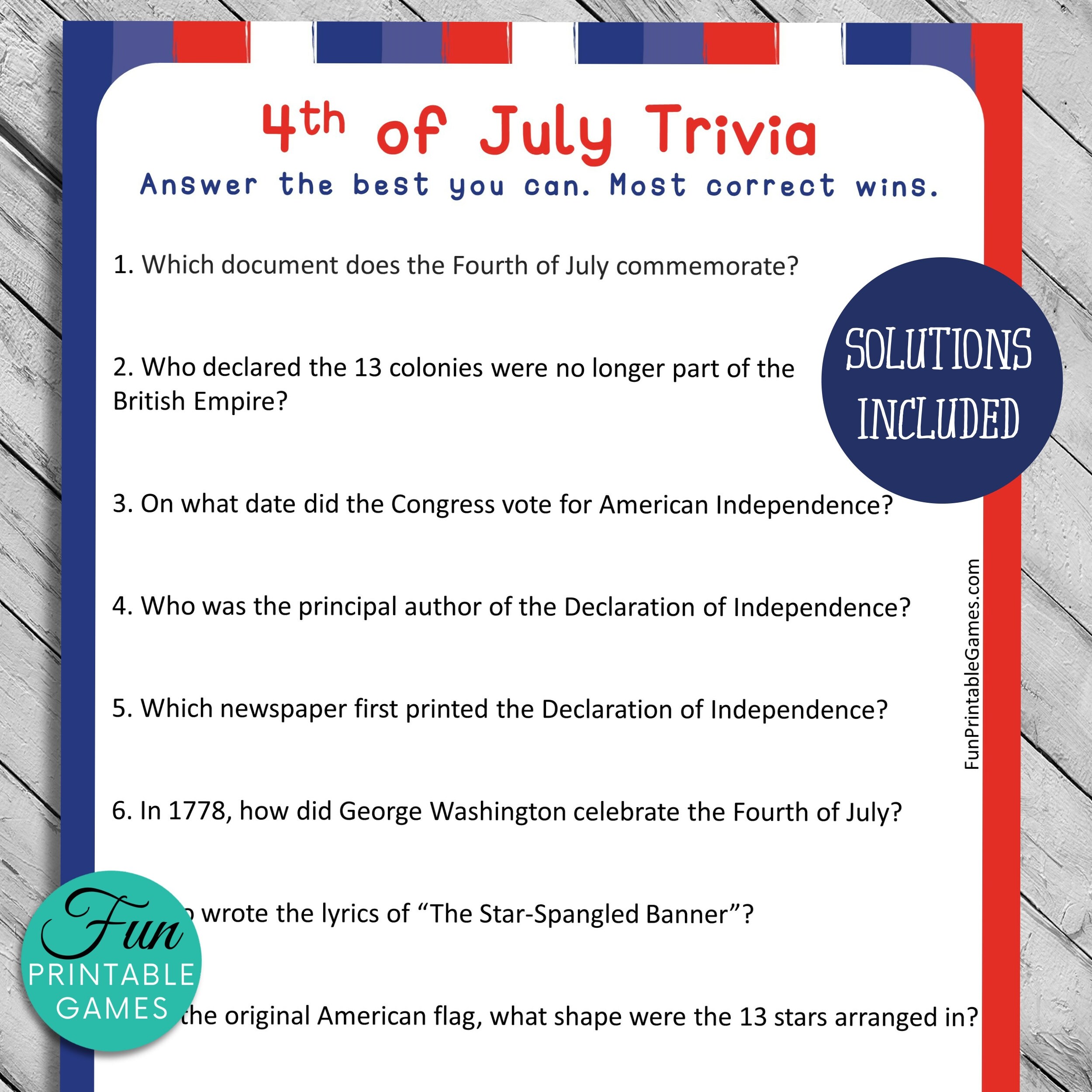 4th Of July Patriotic Trivia USA Independence Day Printable Etsy