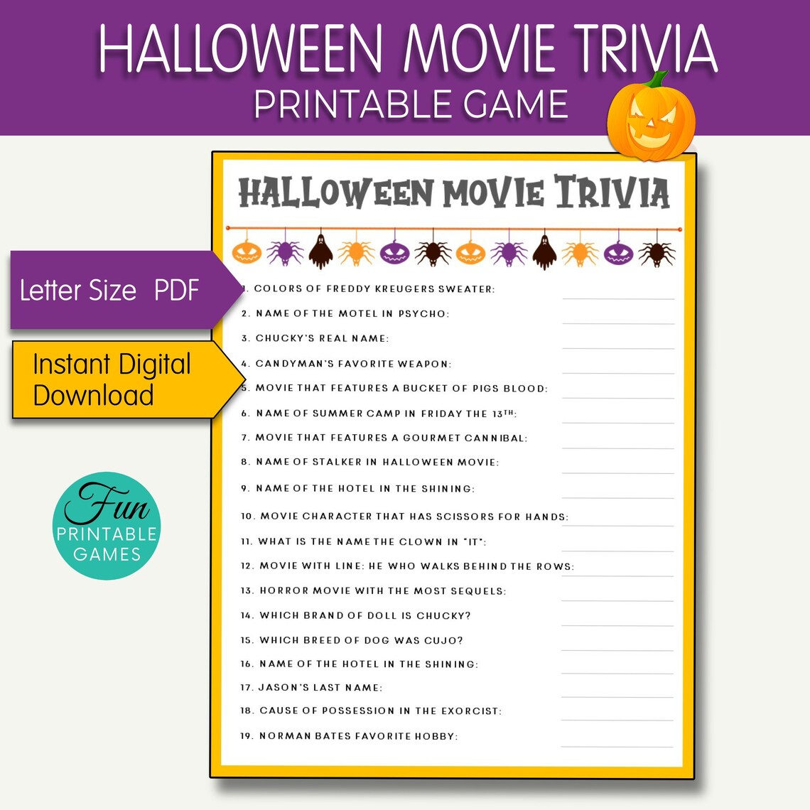 Halloween Movie Trivia Printable Game, Halloween Party Game Sheet