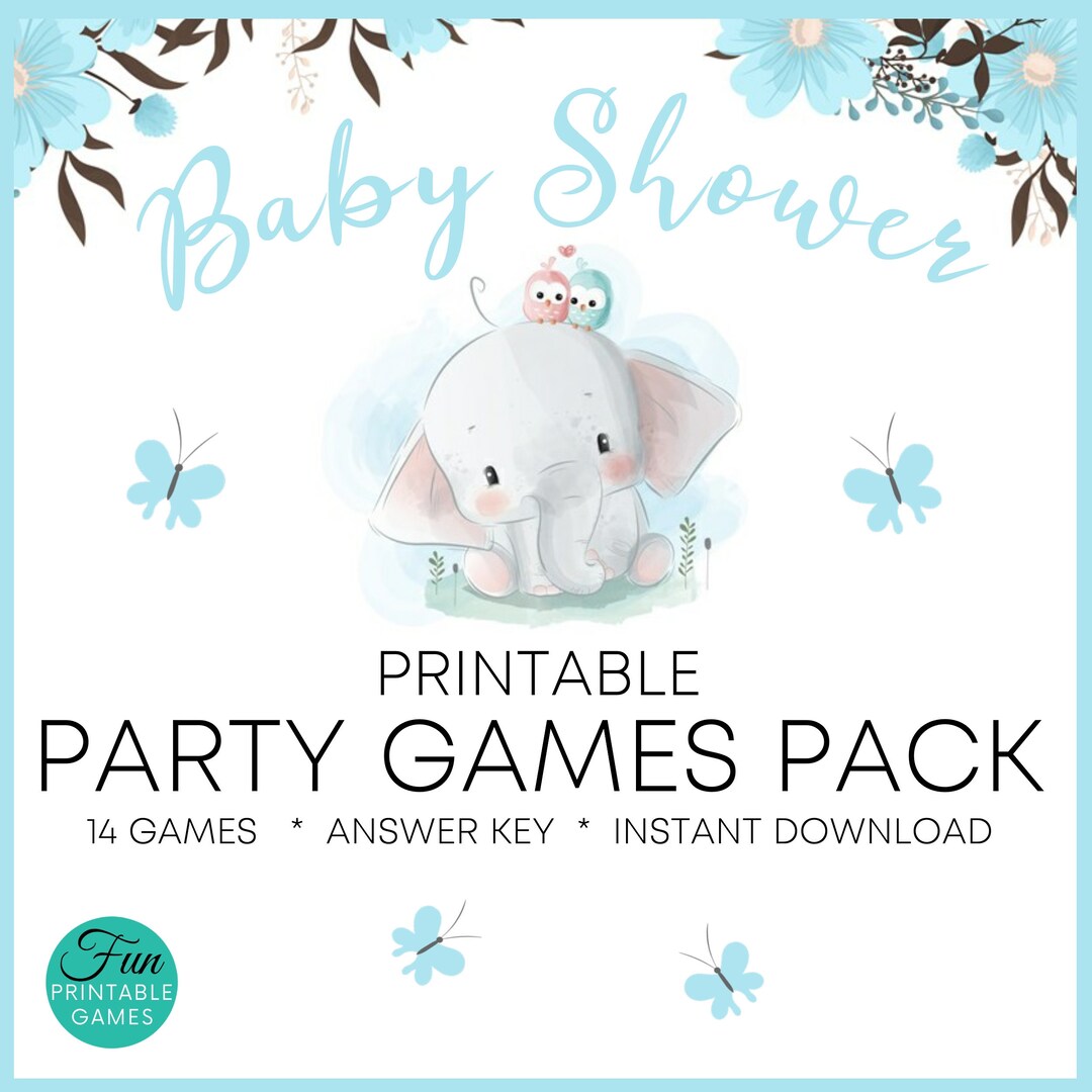 Baby Shower Games Printable for Boy, Blue Elephant Theme, 14 Printable ...
