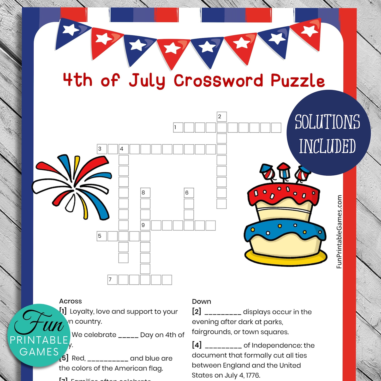 4th Of July Crossword Puzzle USA Independence Day Printable Etsy