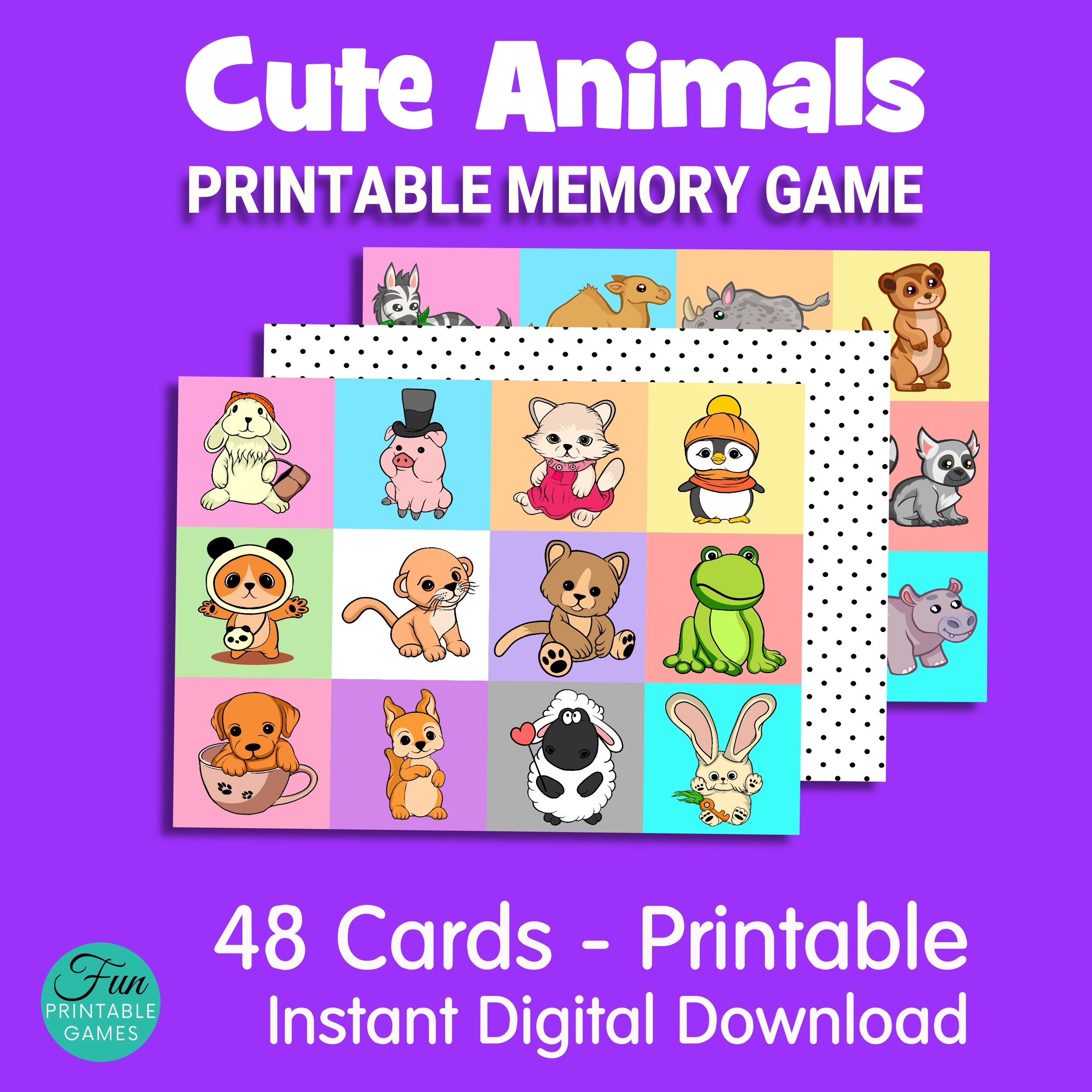 Cute Animals Memory Cards Game Printable Memory Matching Game Etsy