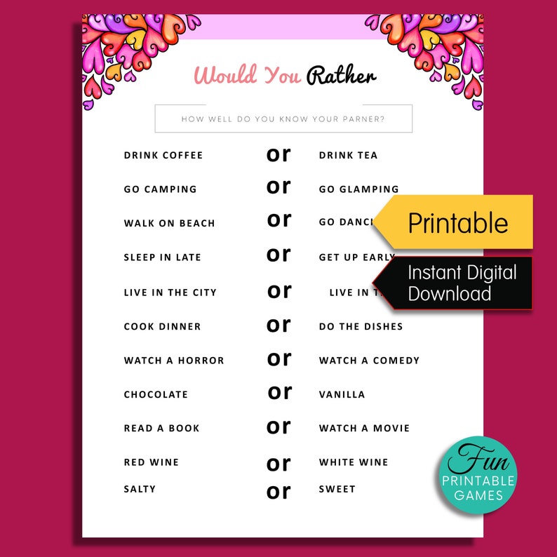 Valentine's Day Would You Rather Game Printable | Etsy