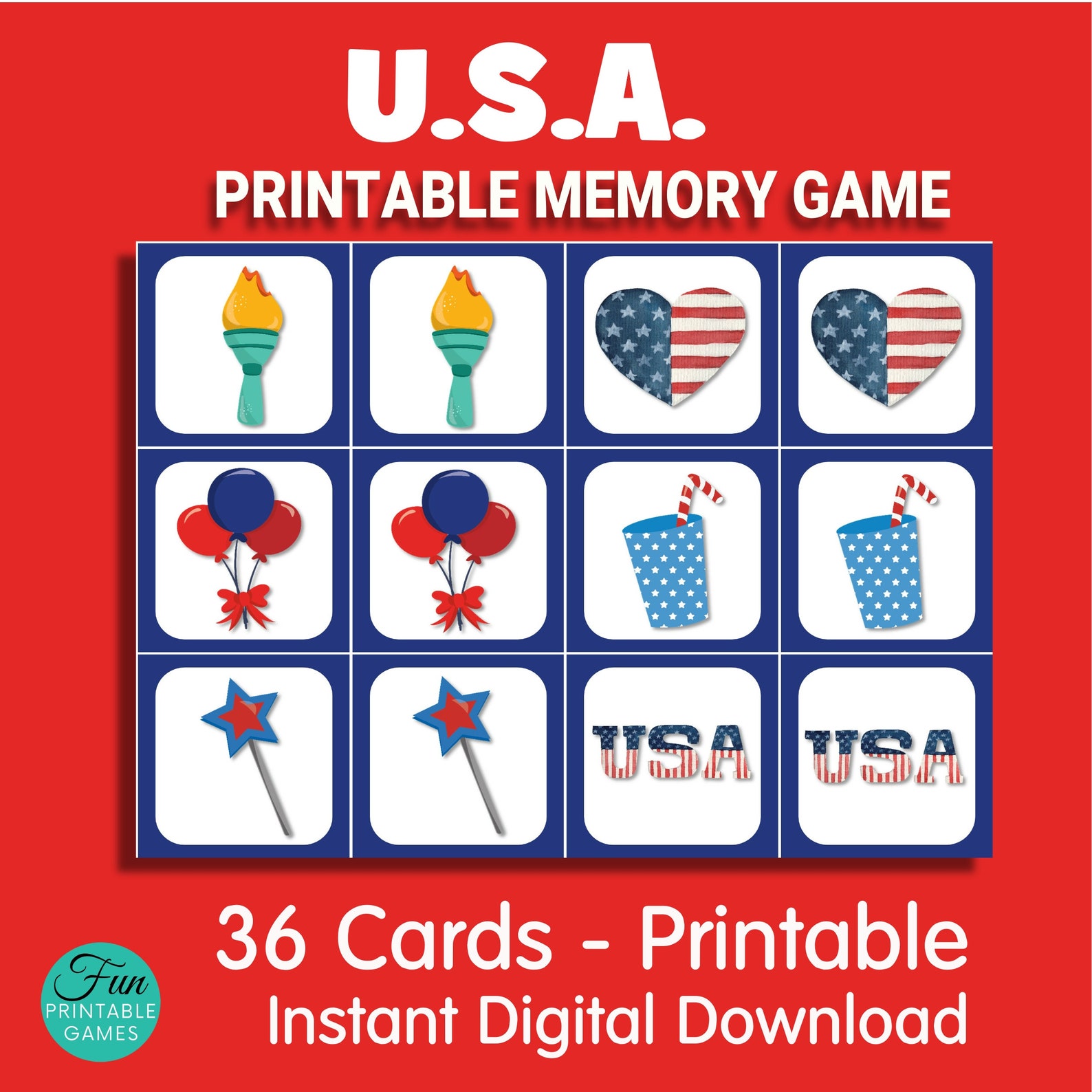 Fourth of July Party Game USA Patriotic Memory Cards Game Etsy
