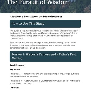 Könnte beinhalten: Ein Dokument mit dem Titel A Study in Proverbs: The Pursuit of Wisdom, eine 12-wöchige Bibelarbeit über das Buch der Sprüche. Es enthält Abschnitte mit den Titeln How to Use This Study und Session 1: Wisdom's Purpose and a Father's First Warning.