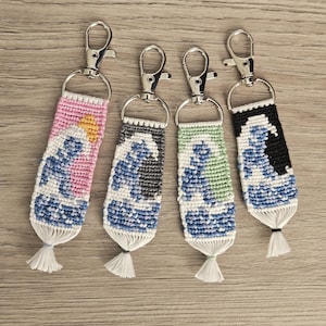Wave Alpha Pattern Keychain | Handmade Knotted Friendship Bracelet Keyring | Ocean Wave Bag Charm | Coastal Beach Accessory