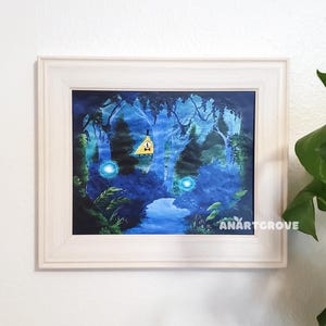May include: A framed art print featuring a surreal landscape in shades of blue and green. The artwork depicts a forest scene with glowing orbs and a yellow triangle with an eye. The artist's name, "anartgrove", is visible in the bottom right corner.