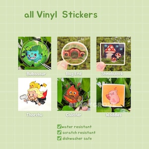 May include: Collection of vinyl stickers featuring various designs. Includes a Bulbasaur, a Bag End scene, mushrooms, Thor with Pikachu, a fire spirit, and a pink creature. The stickers are water, scratch, and dishwasher safe.
