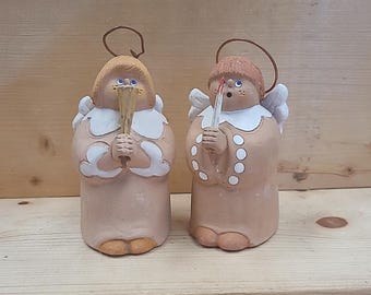 Set of 2>Terracotta Clay Angels>Signed Sermar>Chile. Hand-made Folk Art Figurines. Vintage Small Sweet Angels