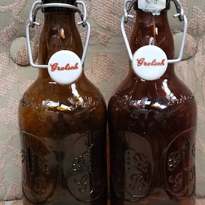 Set of 2>GROLSCH Vintage Amber Brown Glass Beer Bottles with Porcelain Swing-top lids>BEER MEMORABILIA
