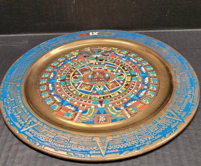 Vintage Brightly Colored BRASS MAYAN/AZTEC Calendar>plate Platter Tray ...