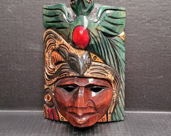 Primitive. Folk Art>HAND CARVED MASK> Brightly Colored & Highly Detailed Snake/Bird/Face Mask>Home Decor/ Rustic/