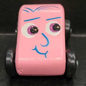 Vintage 70s Wood Toy Car>Retro HANDCRAFTED PINK CAR>Hand painted wooden cuteness with a happy face.