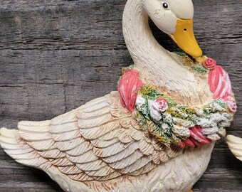 A Pair of Vintage SWANS Ceramic/ Plaster WALL HANGINGS. Elegant Swans with their Wreaths. Retro Chic/Farmhouse style