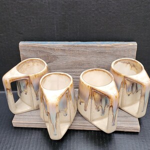 70&#39;s Retro Hand Thrown Ceramic Drip Glaze Mugs&gt;Set of 4&gt;Signed&gt;Browns & Blues&gt;Square Handle/Art Studio/Birthday Gift