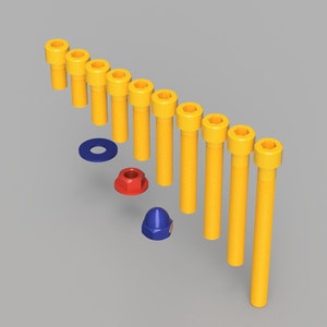 May include: A set of yellow screws, a blue washer, a red nut, and a blue cap nut. The screws are arranged in a diagonal line, with the washer, nut, and cap nut below them.