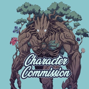 Puede incluir: Una ilustración digital de una gran criatura marrón similar a un árbol con ojos blancos brillantes, ramas frondosas y flores coloridas. El texto "Character Commission" está centrado en letra blanca. Setas moradas con puntos crecen en la base.