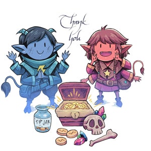 Pode incluir: Dois personagens de desenho animado, um azul e outro vermelho, estão em frente a um baú do tesouro com moedas de ouro. O personagem azul está segurando um pote de gorjeta com moedas dentro. O personagem vermelho está segurando uma caveira e um osso. O texto "Obrigado" está escrito em itálico acima dos personagens.