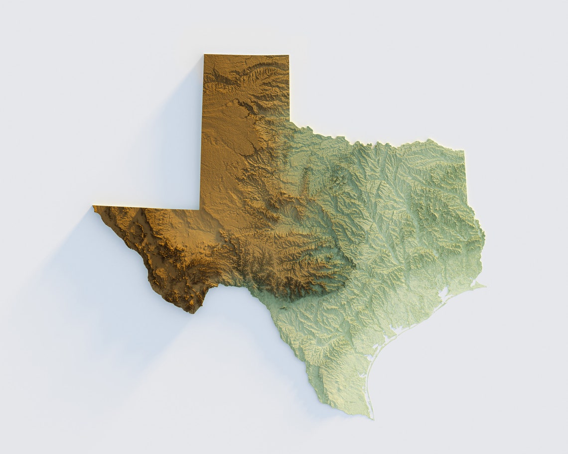 Texas Wall Art Topographic Relief Map of Texas Photo Print Etsy