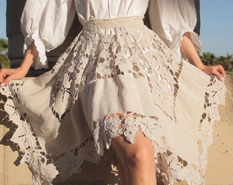 Re-worked Linen Ecru Skirt w/ Vine Leaf Lace, Vintage Asymmetrical Recycled skirt, One of a kind Upcycled Piece