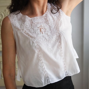 19th Century Antique Muslin Blouse with Floral Embroidery & Lace Details