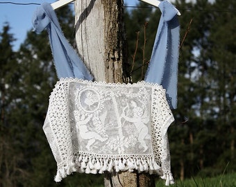 Antique 1910s Re-Worked Net Lace and Crochet Cherub Details Top, Early 20th Century Ecru Lingerie