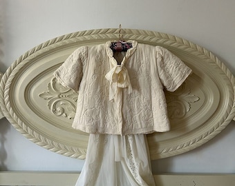 Antique Ivory Silk Quilted Floral Embroidery Bed Jacket, Early 20th Century Silk Tied Bolero, Antique Bridal Jacket.