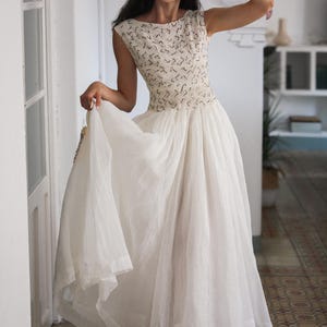 Vintage 1950s Organdy Gown – Metallic Sequin Bodice, Full Skirt Wedding Dress