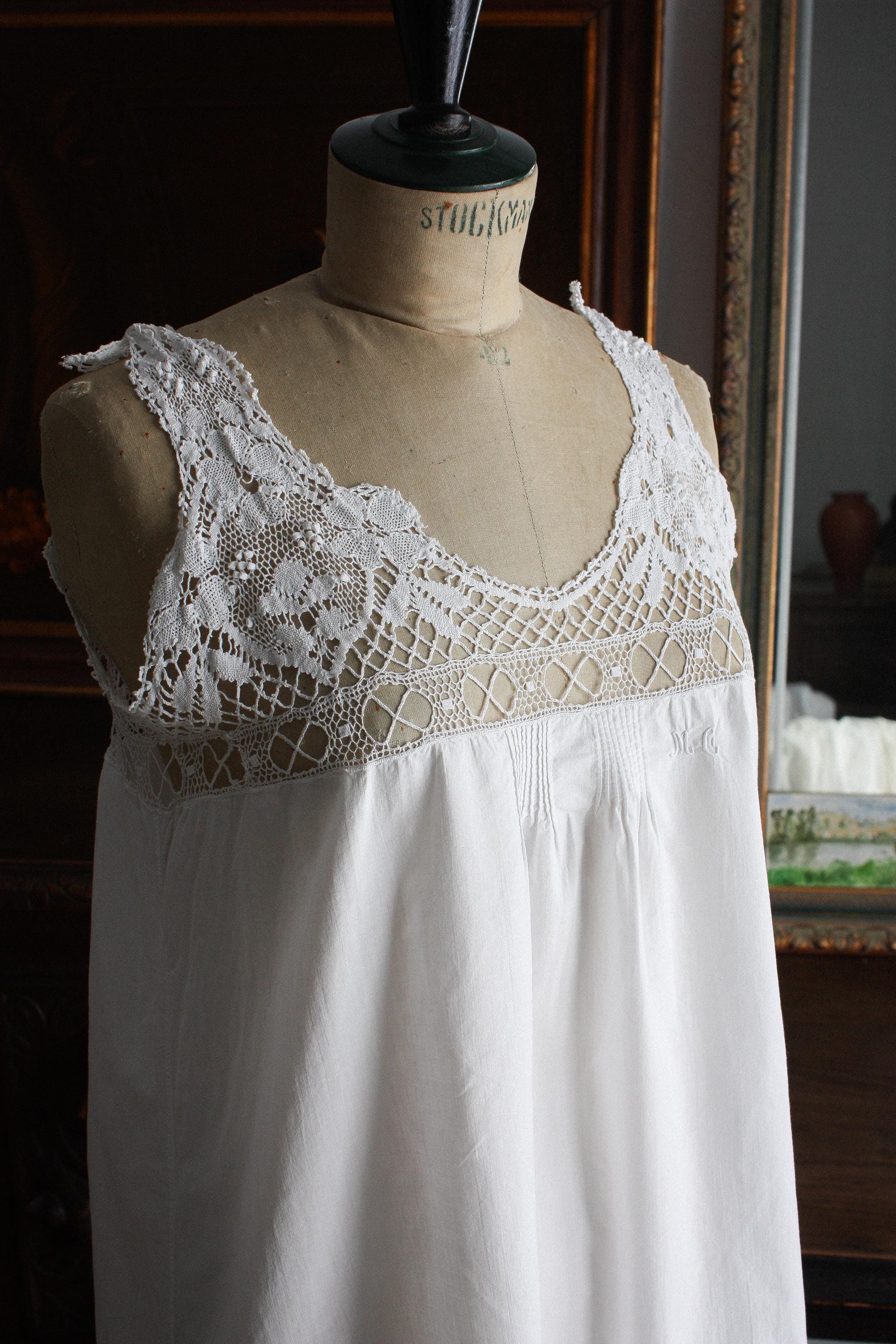 Antique 1910s White Cotton Nightgown | Edwardian Era Bobbin Lace 