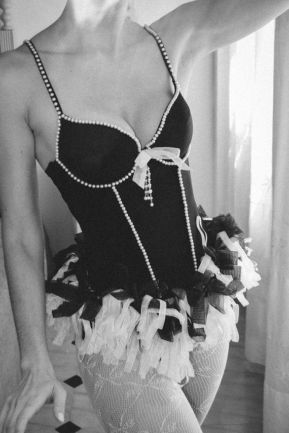 Black Bustier Argento Vivo with White Beads and C… - image 3