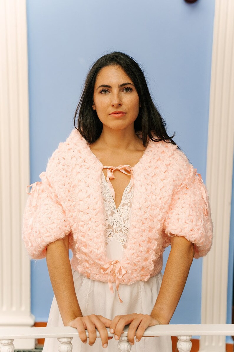 Vintage 50s Pink Handknitted Cardigan, Vintage Pink Wool Tie Bed