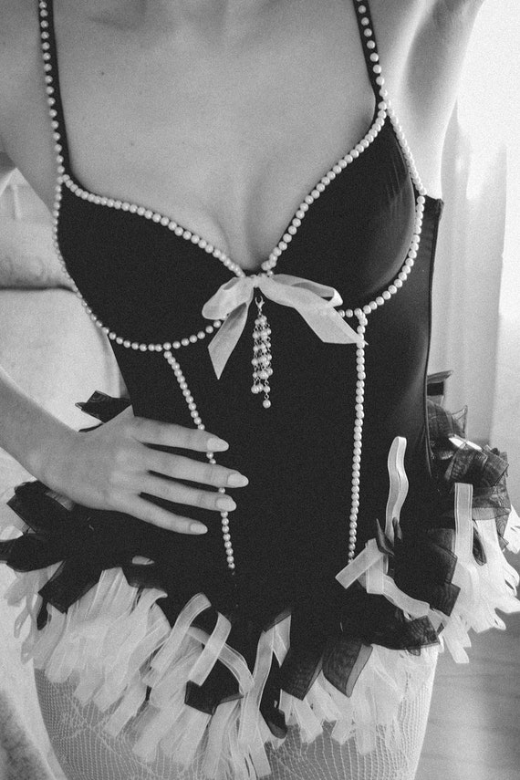 Black Bustier Argento Vivo with White Beads and C… - image 2