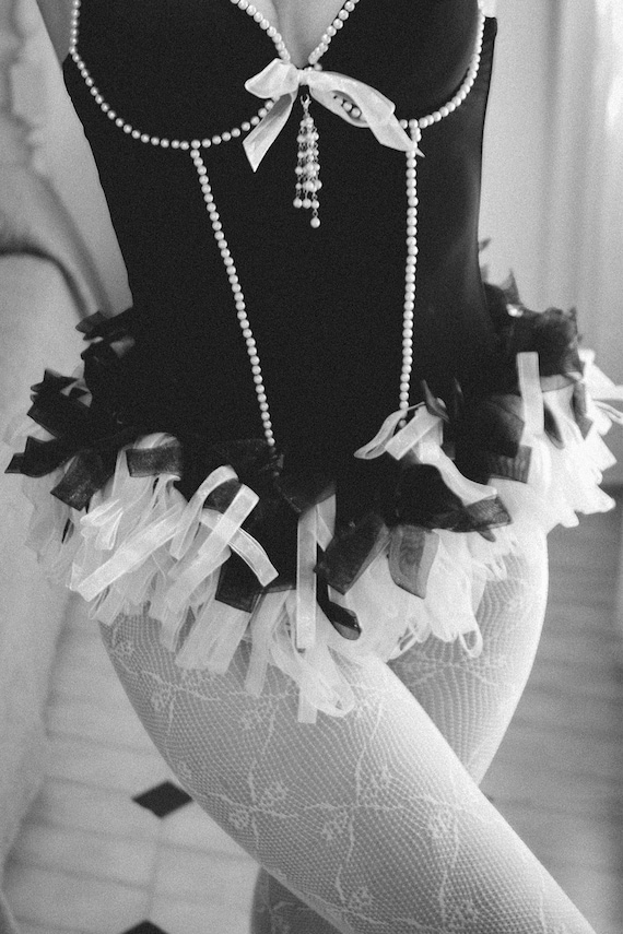 Black Bustier Argento Vivo with White Beads and C… - image 9