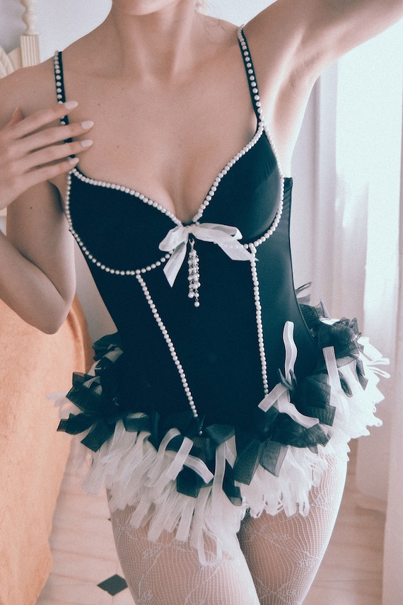 Black Bustier Argento Vivo with White Beads and C… - image 5